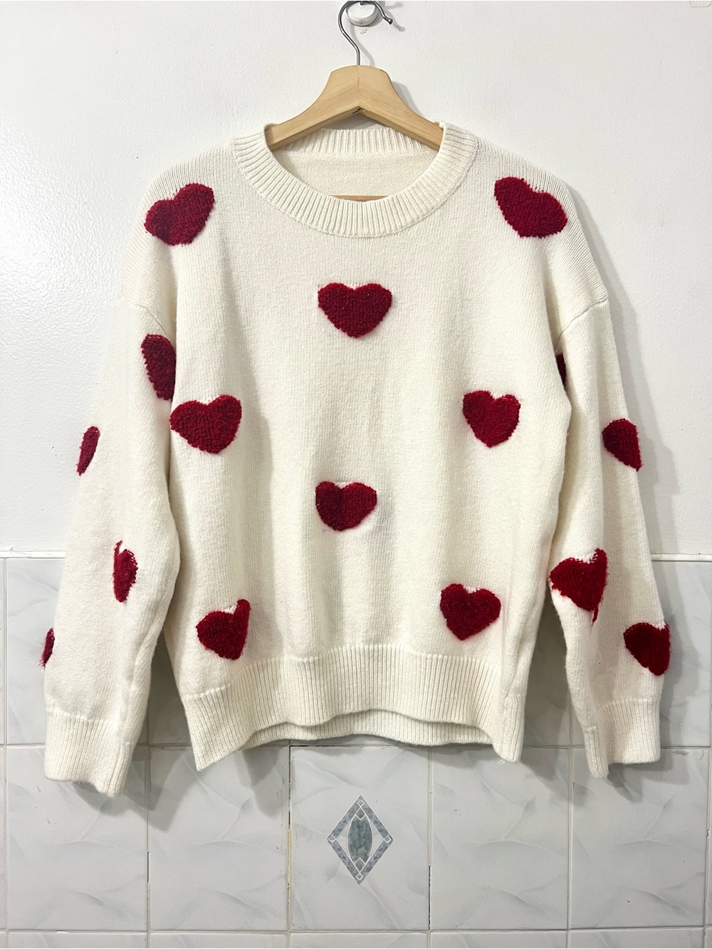 Women’s Chunky Crew Neck Oversized Cream Sweater 3D Hearts S Whimsical Kawaii